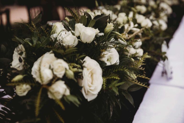 white wedding flower arrangement